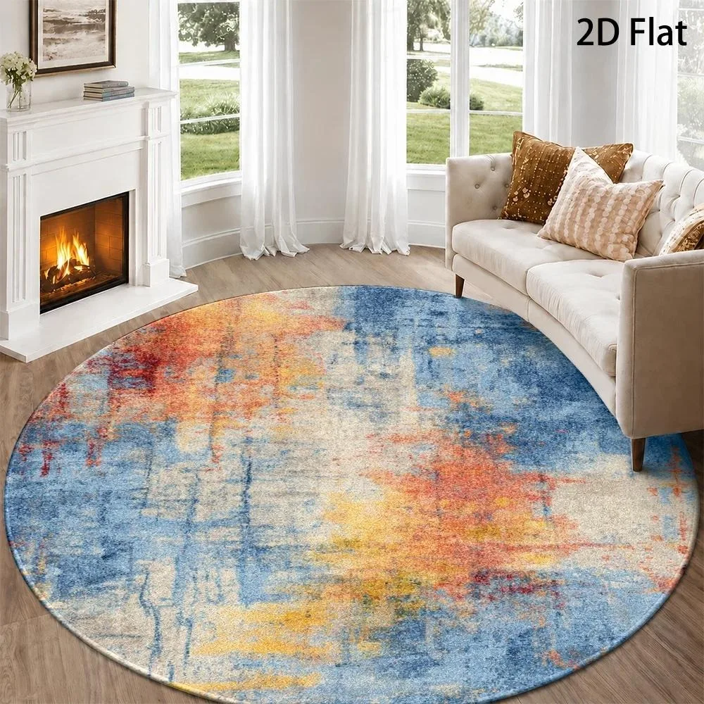 Blue Grey Gold Foil Abstract Round Rug Modern Brush Stroke Gradient Texture Splatter Print Circular Floor Mat for Living Room