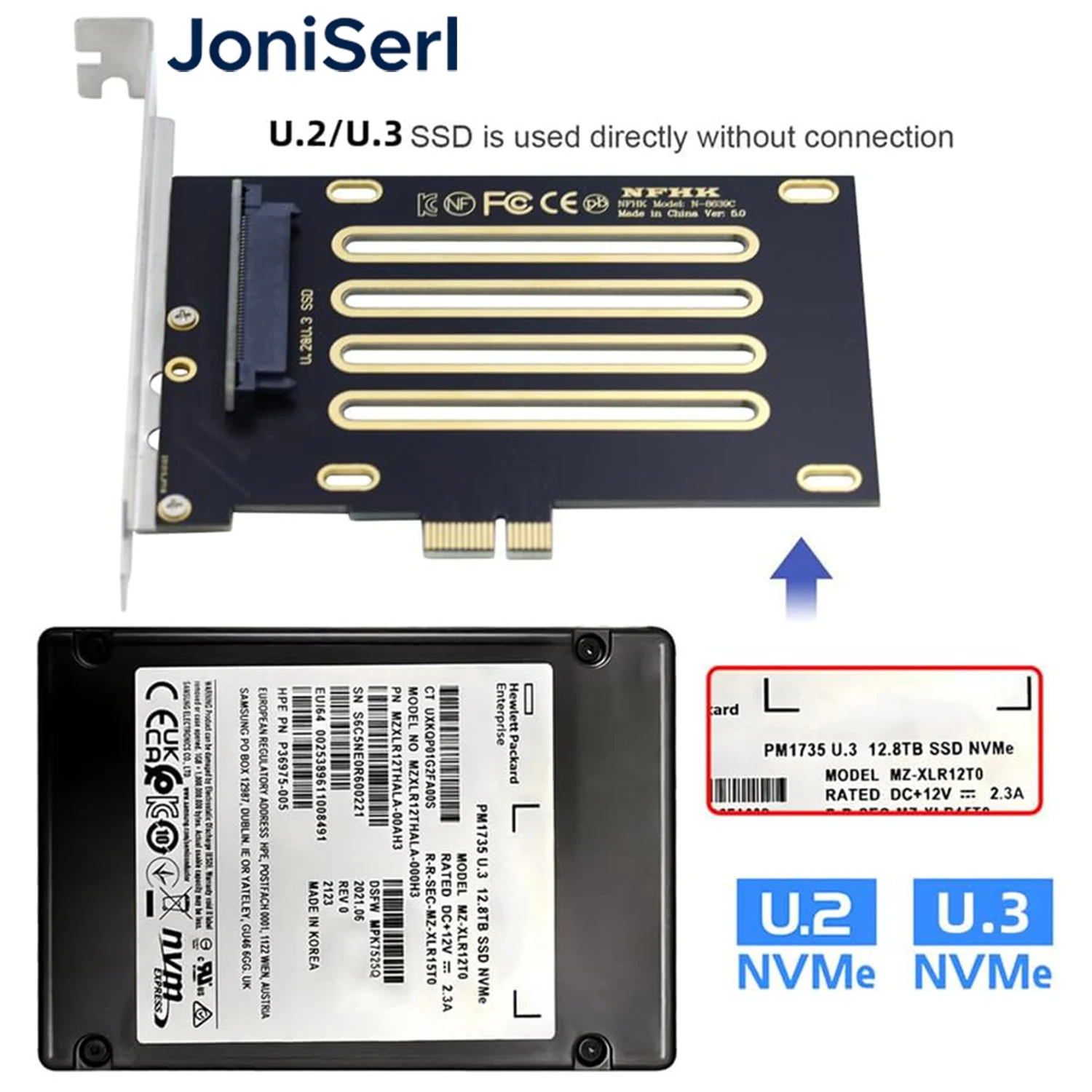 JonISerl U.3 SSD U3 Kit SFF-8639 to PCI-E 4.0 X4 Lane Host Adapter Card for Motherboard PM1735 NVMe PCIe SSD Converter Card