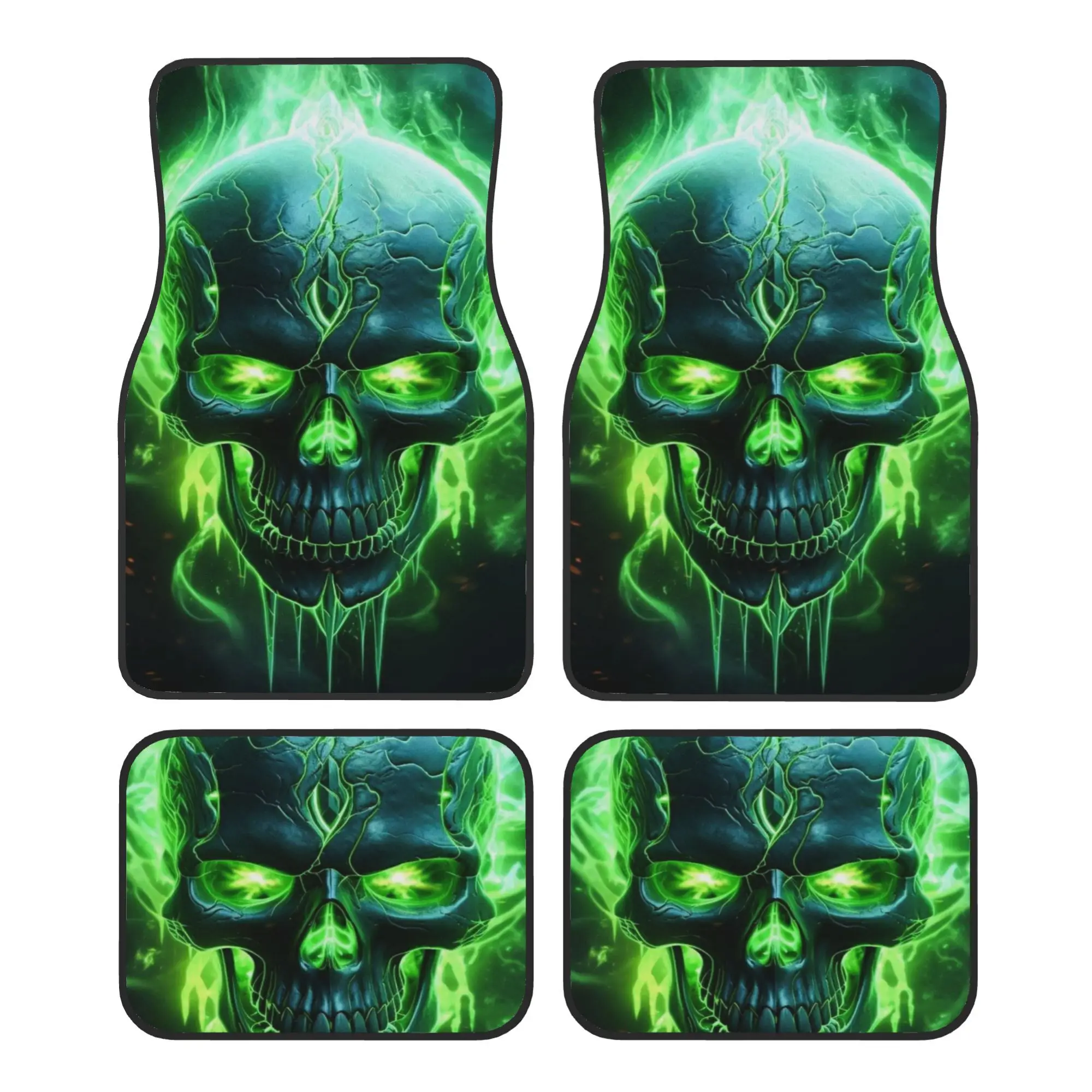 4pcs Green Flame Skull Pattern Car Floor Mats, Easy Clean, Front& Rear Seats Floor Mats, Protection Mats For Women And Men, Car