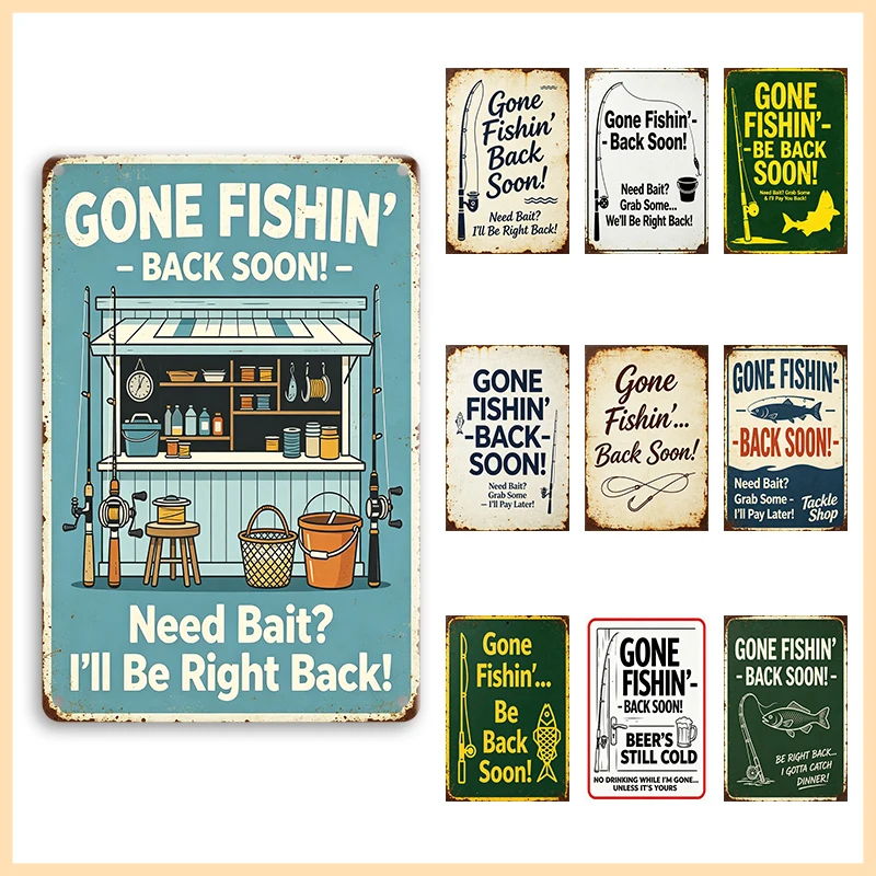 Gone Fishin' Metal Tin Sign Vintage Funny Fishing Wall Art for Cabin Lake House Home Bar Man Cave Lodge Themed Decor Plaque