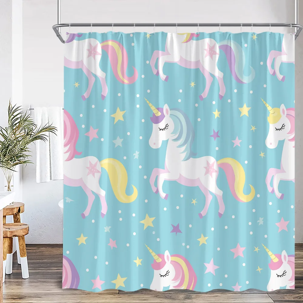 Cartoon Kids Bath Curtains Birds Rainbow Unicorns Cute Cats Fish Funny Animals Bathroom Decortaion Shower Curtain with Hooks