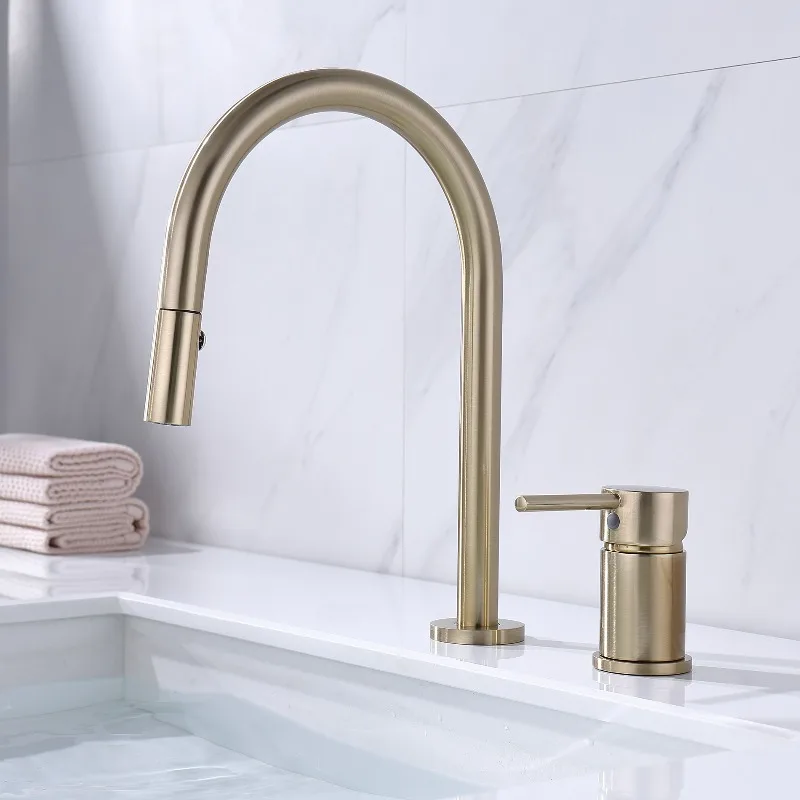 Double Hole Basin Faucet Pull Out Kitchen Sink Mixer Tap Brushed Gold Black Bathroom Basin Faucet