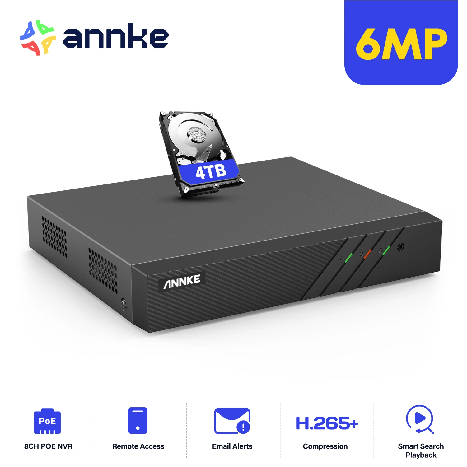 

ANNKE H.265+ 6MP 8CH PoE NVR for IP Security Camera System 24/7 Record Remote Access Plug-and-Play ANNKE Vision app