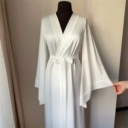 Robe nupcial de seda macia branca com cinto para mulheres, vestido de manga longa, roupões de casamento, camisolas Boudoir