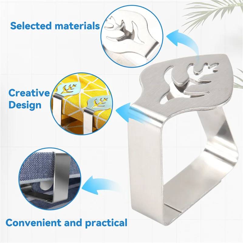 A56T-8 Pcs Silver Stainless Steel Tablecloth Clip Creative Leaf-Shaped Table Fixing Clip Thickened Non-Slip Tablecloth Rack