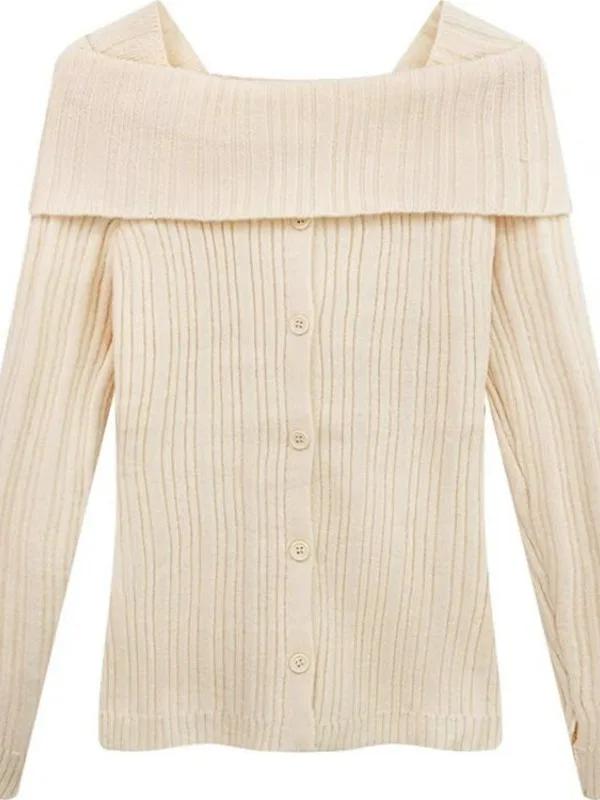 Chic ort oulder Bared Base Layer irt Ropa interior de mujer Suéter de punto Cárdigan abierto Sli Top para Otoño Invierno