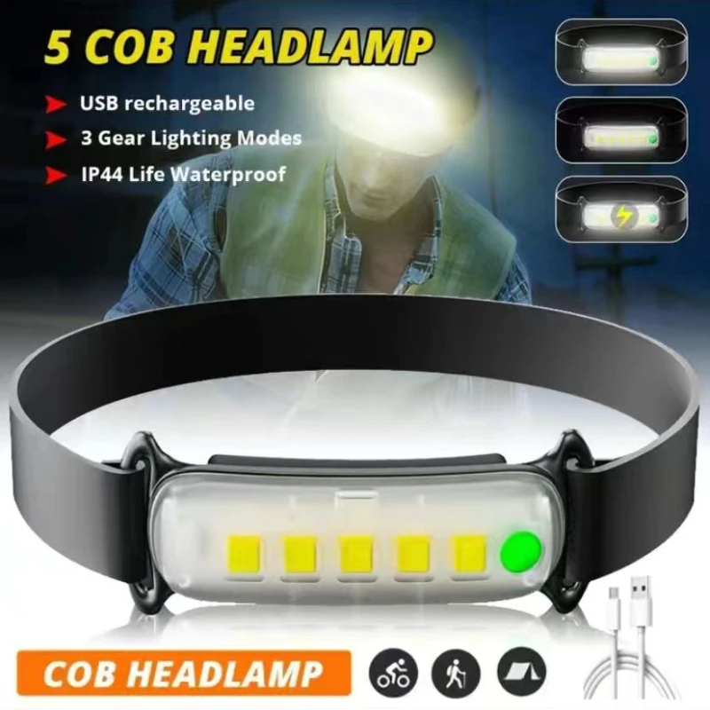 Bright COB LED Headlamp, USB Rechargeable Head Mounted Flashlight For Outdoor Walking Hiking Cycling Running Fishing headlight