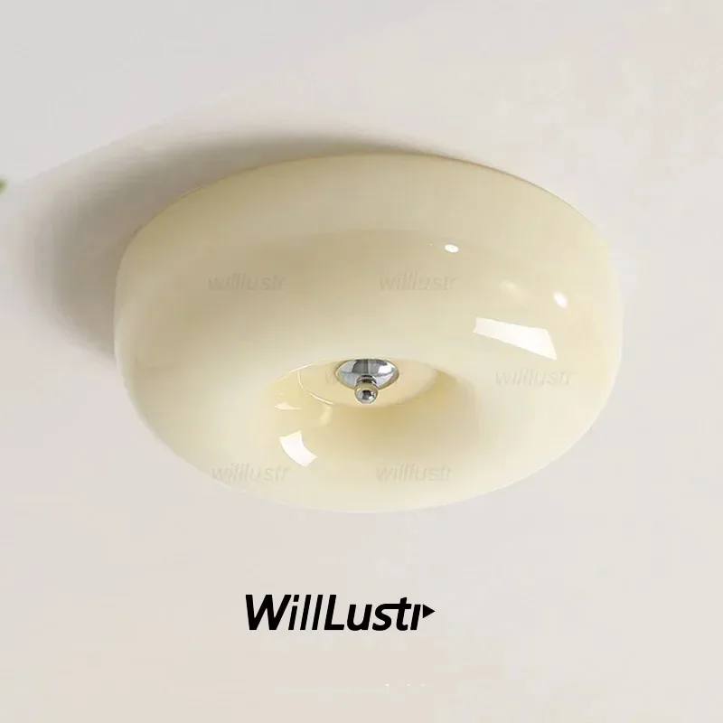 

Creamy Glass Ceiling Lamp Creative Round Button Dimmable Light Hotel Cafe Bar Porch Balcony Bedroom Iron LED Lighting