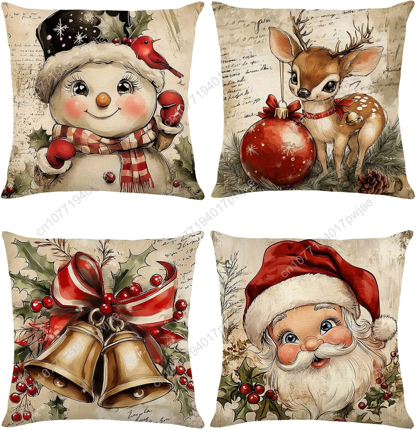Christmas Throw Pillow Covers 18x18 Set of 4,Linen Pillow Cases Vintage Snowman Santa Deer,Decorative Pillowcover for Couch Sofa