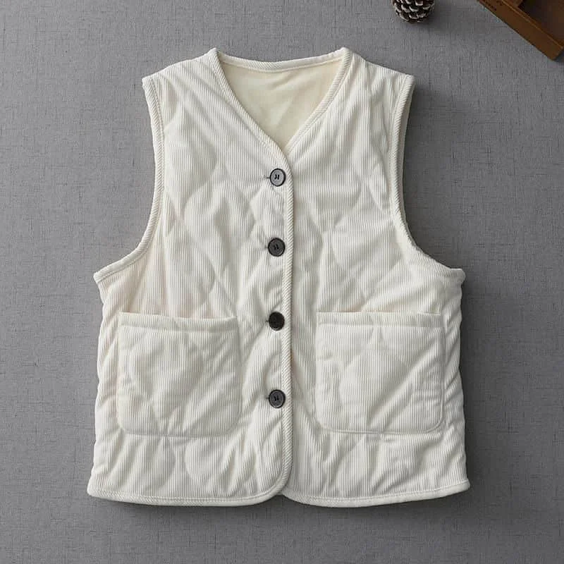 Corduroy Waistcoats Lightweight Adding Cotton Vest Casual Sleeveless Cardigans Vintage V-neck Jackets Single Breasted Women Tops