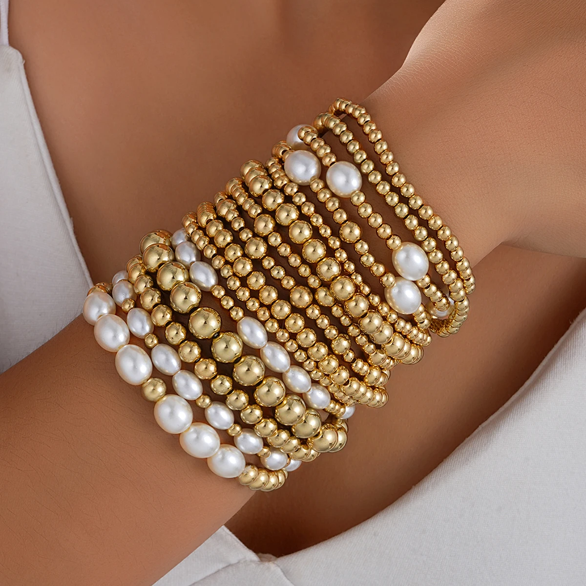 13pcs Vintage Gold Color Pearl Bead Bracelet Set for Women Elegant Multi Layer Stacked Elastic Bracelets Daily Holiday Jewelry
