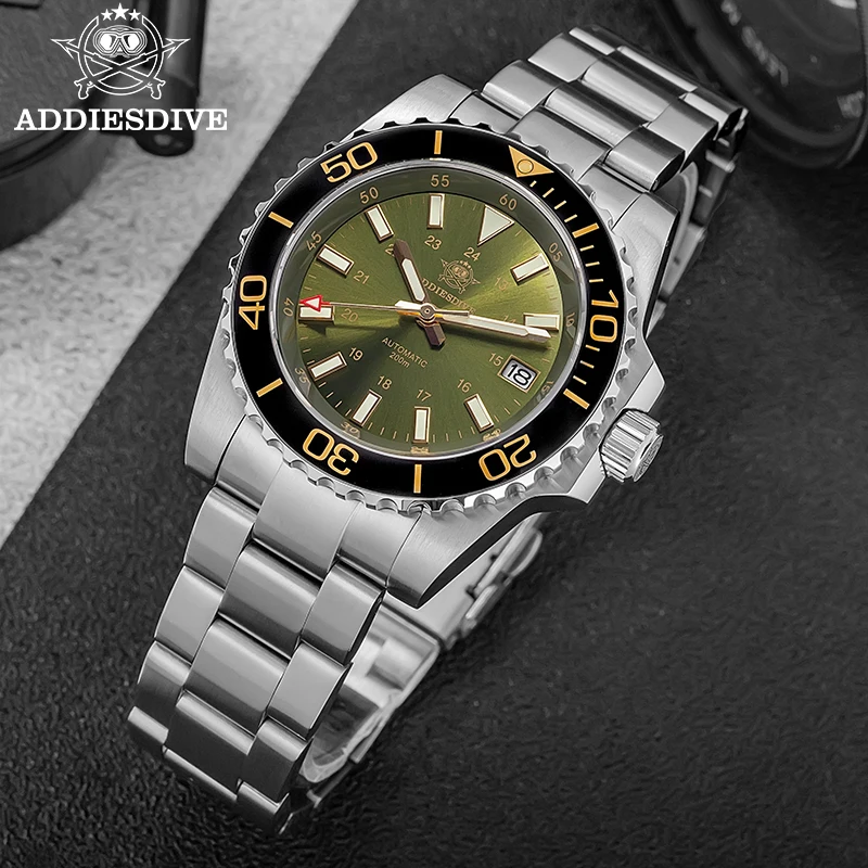 ADDIESDIVE นาฬิกาผู้ชายอัตโนมัติ 40 มม.ซูเปอร์ลูมินัสกระจกแซฟไฟร์ 200M กันน้ำ 316L สแตนเลสแฟชั่นนาฬิกาดำน้ำชาย