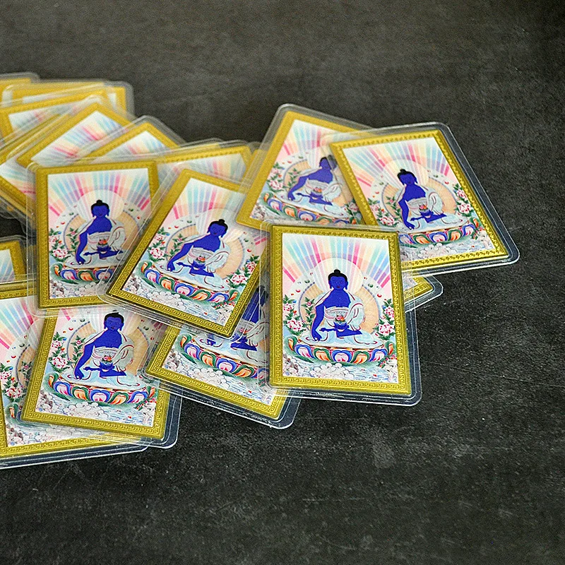 Medicine Buddha Metal Amulet Card Brass Colorful Sealed Pocket Talisman Portable Buddhist Decor Lucky Charm Home Collection Gift