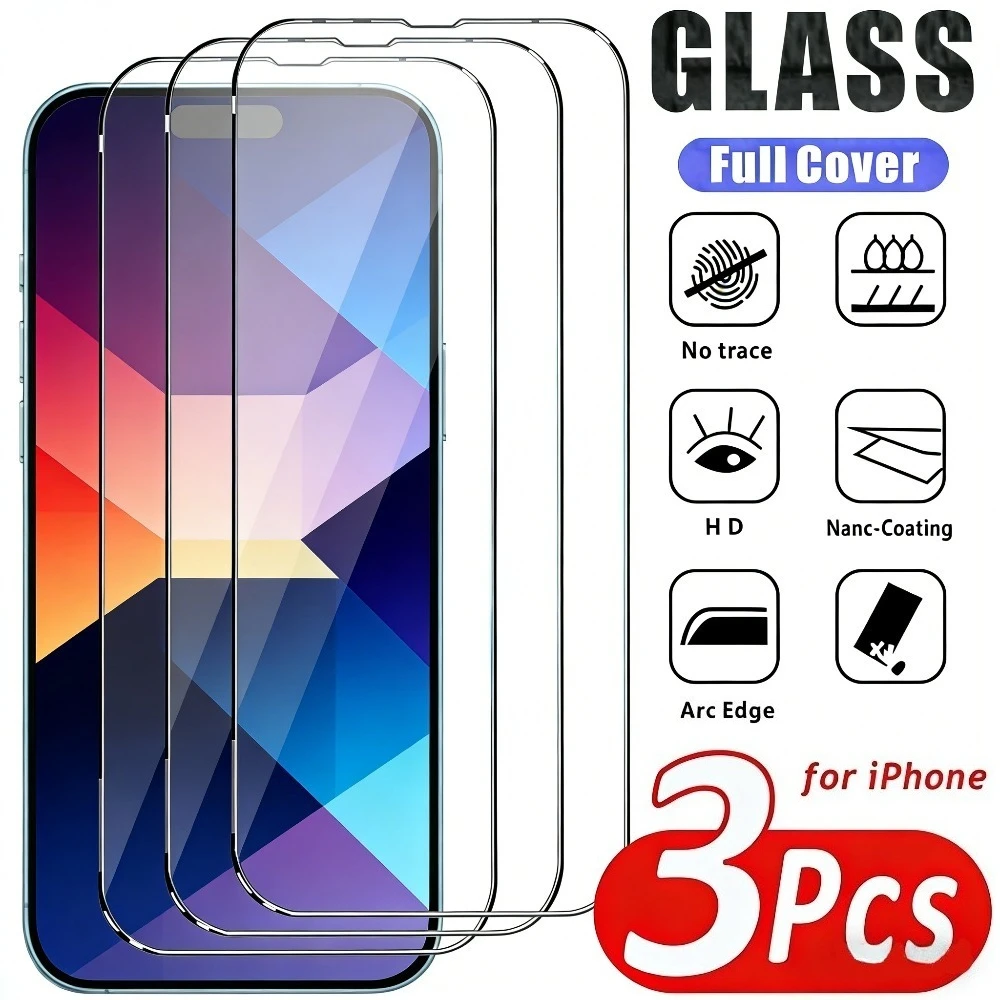 

Комплект из 3 ультрапрозрачных защитных стекол для iPhone 17, 16, 15, 14 Pro Max, Air 17e, 16, 15 Plus, 13, 12, 11 Pro Mini, твердость 9H, закаленное стекло