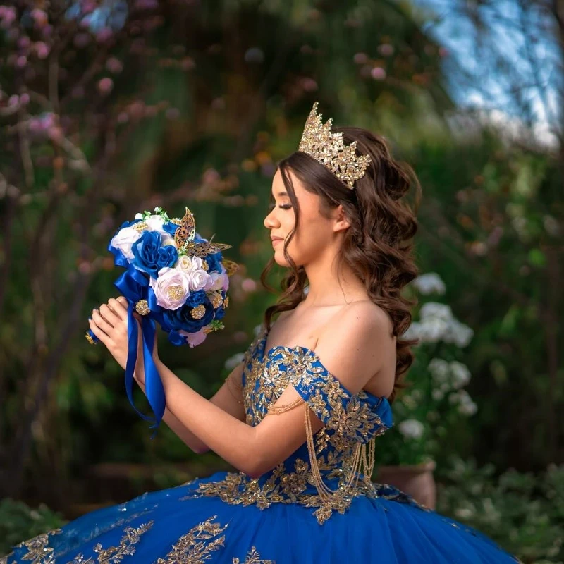 Royal Blue Shiny Off The Shoulder Ball Gown Quinceanera Dress Gold Appliques Lace Beading corsetto Vestidos 15 De XV aecos