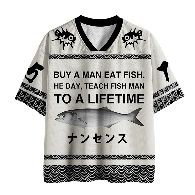 Buy A Man Eat Fish Meme Japanese Wave Graphic T‑Shirt Men Women Kids Unisex Plus Size Vintage Jersey Oversized Short Sleeve Tee