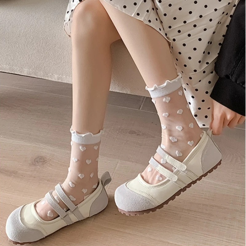 2 Pairs Cute Lace Trim Heart Ankle Socks Semi Sheer White Black Stockings Breathable Short Socks for Women Sweet Date Hosiery