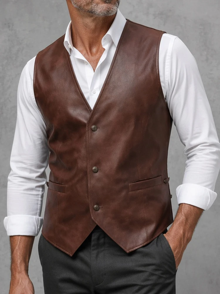 Men's Brown Vintage Faux Leather Vest V Neck Single Breasted Slim Fit Casual Business Work Party Banquet Waistcoat With Pockets