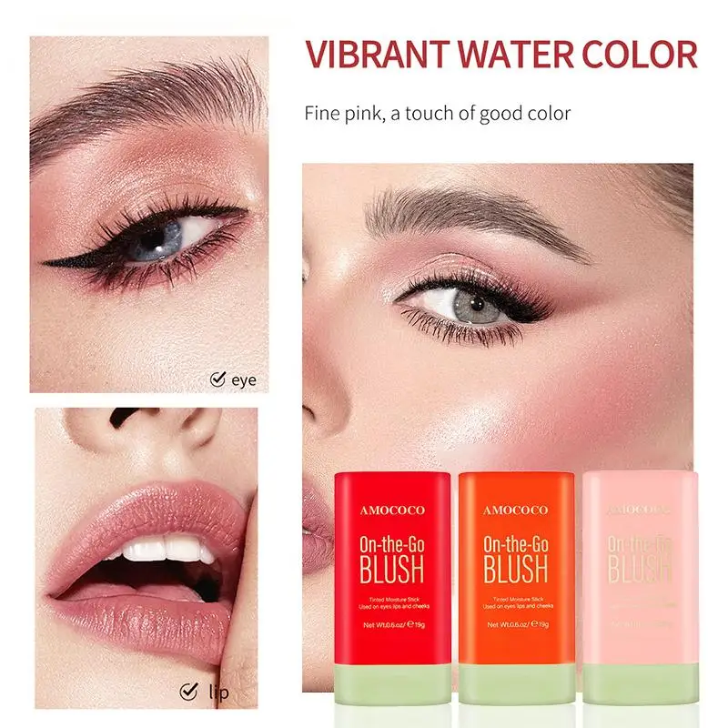 3 Colors Cream Blush Stick Long Lasting Sweat Resistant Lightweight Hydrating Multi-Use Cheek Tint Natural Finish Easy to Blend Portable Makeup Stick for Women Daily Use