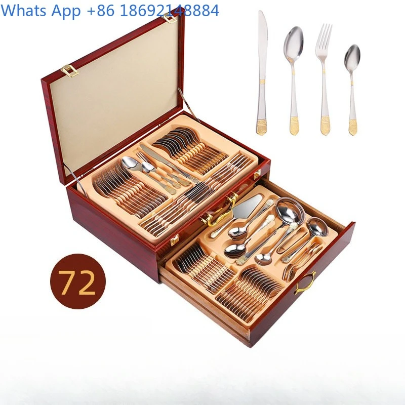 Stainless Steel Cutlery Set 72 Pcs Gift Box Crown Design Dinnerware 84 Piece Gold Plated Flatware Collection