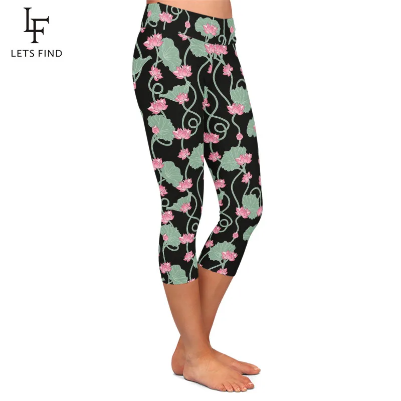 LETSFIND Beautiful Lotus Flowers Design Milk Silk Print Women Capri Leggings High Waist Fitness Soft Slim Leggings