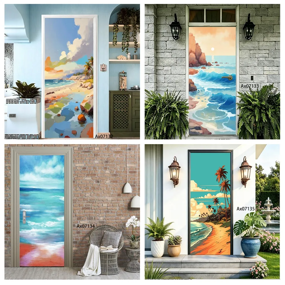 Tropical Beach Wave Oil Painting Door Sticker, Self Adhesive Mural for Full Door Wrap Wallpaper Refrigerator Home Decoration