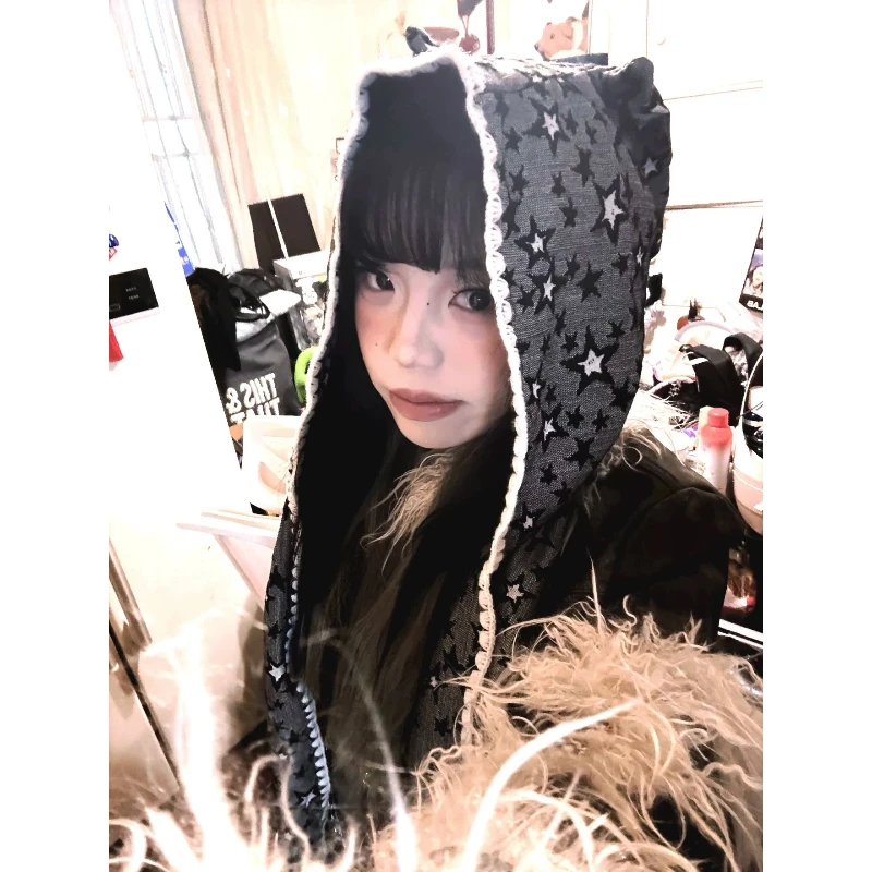 Y2K Balaclava Hats for Women Japanese Harajuku Star Vintage Punk Streetwear Warm Beanies Cap Winter Christmas Accessories Caps