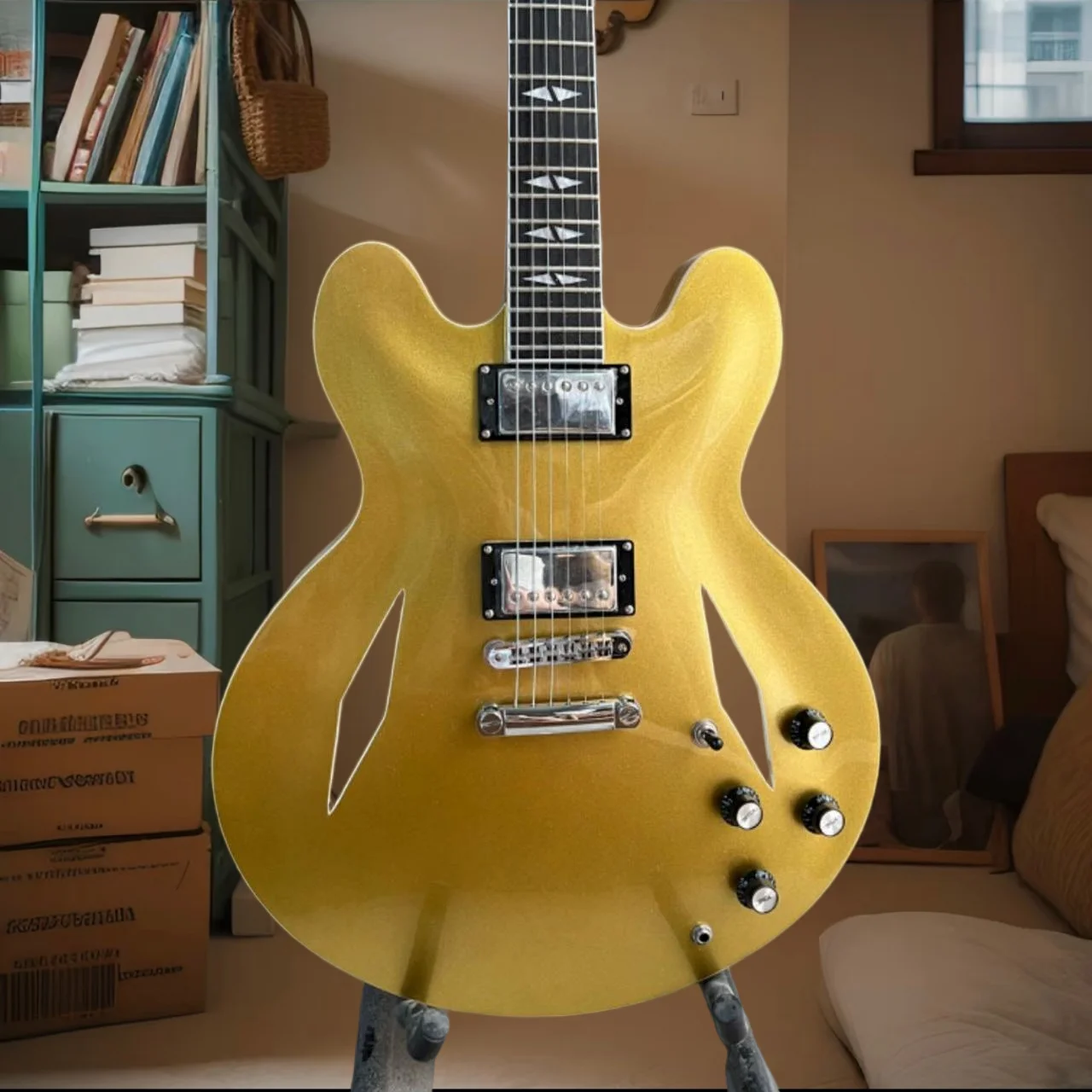 

40-дюймовая желтая электрогитара 335 с корпусом из клена и грифом из палисандра, бесплатная доставка, для рок-музыки