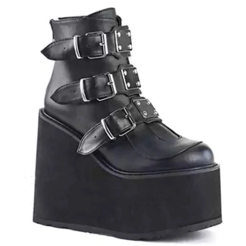 Stivaletti gotici per donna Stivali da moto con zeppa e plateau Stivali da donna super Décolleté Cintura da donna autunnale Scarpe punk Lolita rotonde