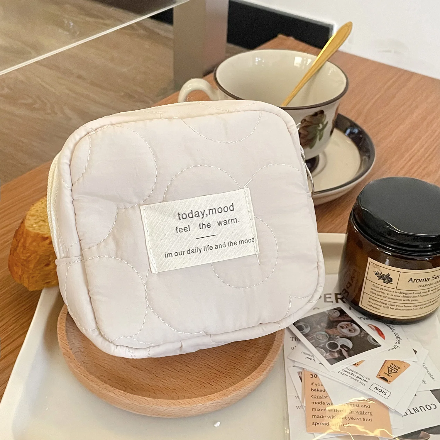 

Solid Color College Girls Small Square Cosmetic Bags Letter Prints Female Handheld Makeup Case Quilted Cotton Women's Coin Purse