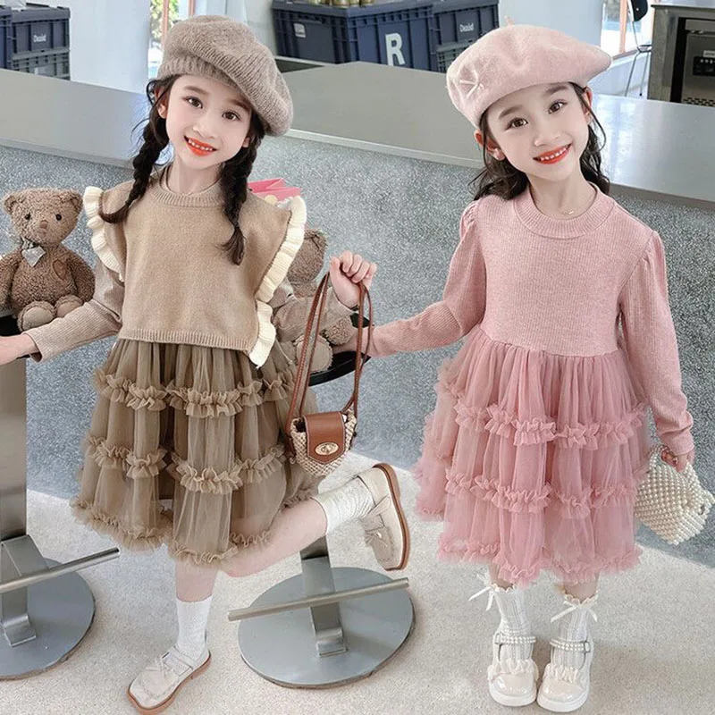 Autumn Girls Clothes Sets Sweater Vest Tops Long Sleeve Dress Sets Children Suits Kids Girls Princess Tulle Dresses Spring Suits