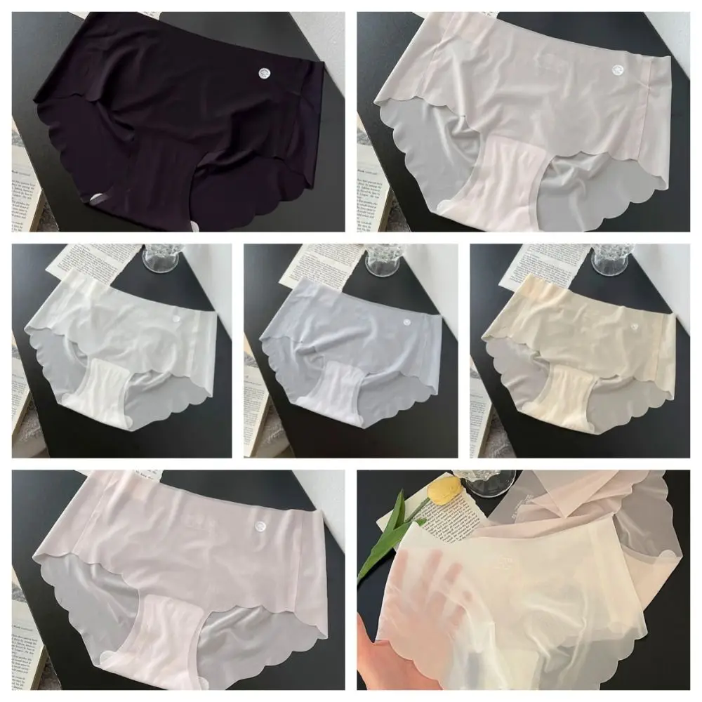 Solid Color Ice Silk Panties Smooth Ultra Thin Soft Middle Waist Briefs Cotton Crotch Panties Seamless Lingerie Female