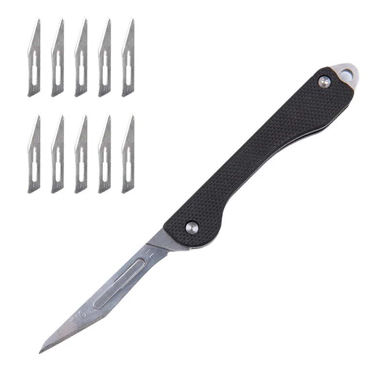 Mini Faca Dobrável de Material G10 Portátil Destacável Faca Edc Chaveiro Faca de Bolso Bisturi Cirúrgico 10 Lâminas