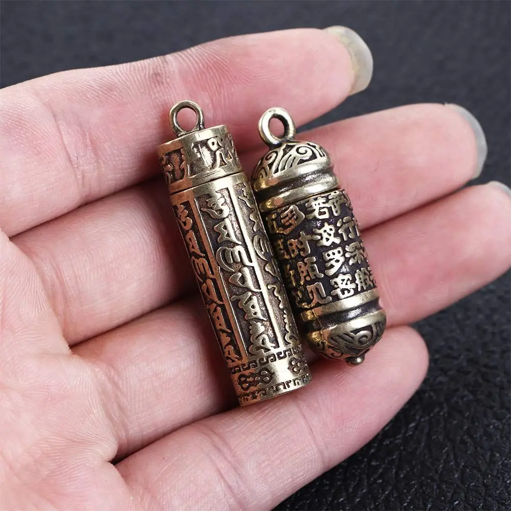 Carving Scriptures Cylindrical box Brass Memorial Keepsake Medicine Pill Box Buddhist Pendant Travel Pill Case Necklace Pendant