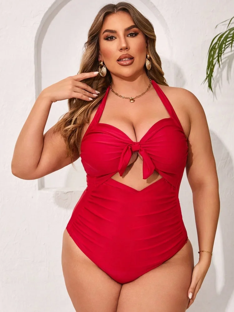 One Piece Swimsuit Women 2026 New Red Halter Sexy Bodysuit Swimwear Summer Hollow Out Monokini Beachwear Bathing Suit For Female