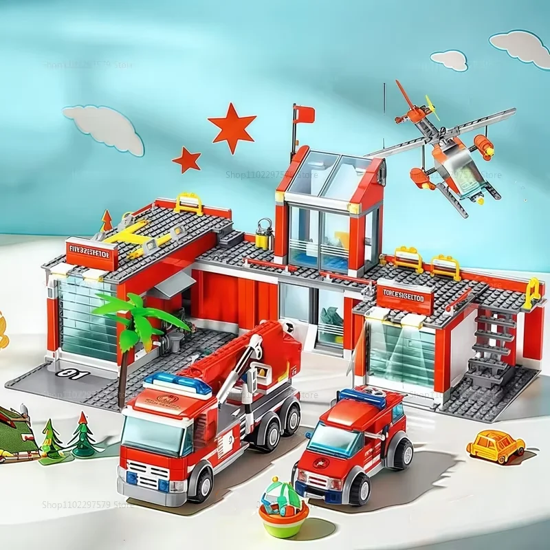 Nieuwste Stad Brandweerkazerne 758PCS Bouwstenen Set Brandweerwagen Helikopter Brandweerman Redding Speelgoed Educatief DIY Cadeaus Voor Kinderen