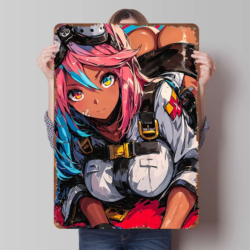 Anime Girl With Goggles Lying Down Metal Poster Customized Wall Art Retro Vintage Tinplate Signs for Man Cave Decoration Room