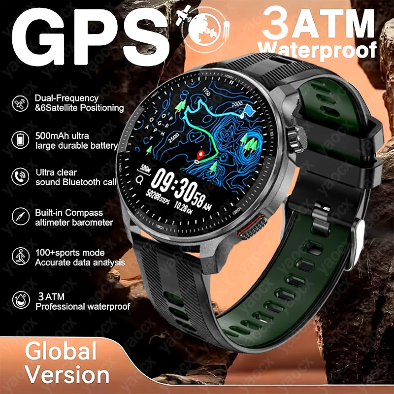 2026 New LED Military GPS Map Smart Watch Men 500mAh Battery Compass 3ATM Waterproof HD BT Call Adult Sports Fitness Smartwatch