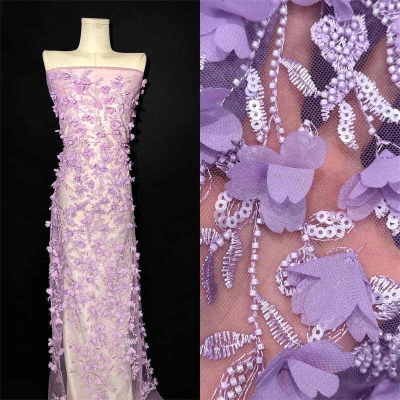 High -End 3D Flower Embroidery Handmade Beaded Lace Fabric African Tulle Fabric for Bridal Wedding Dress STW-78