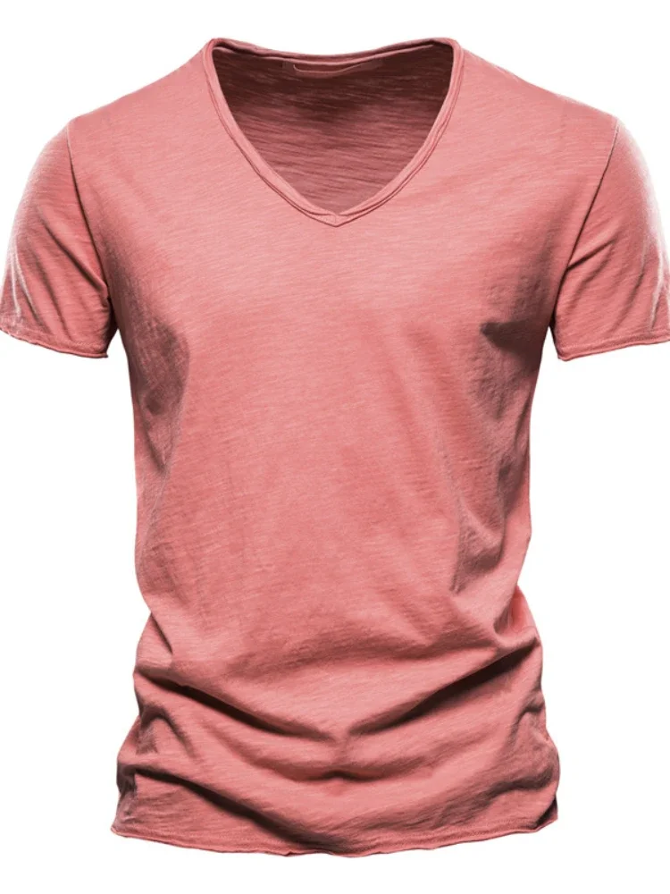 100% Cotton V-neck Men T-shirt Fitness Sports Running Slim Fit Soild T-shirts Male Tops Tees Summer Short Sleeve T Shirt For Men