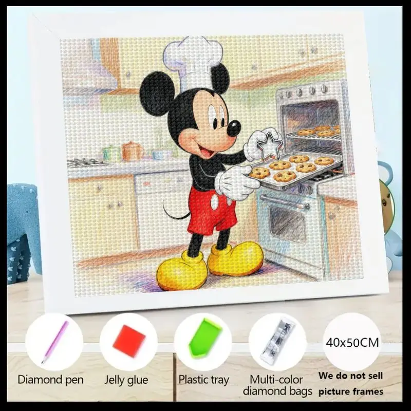 

1 шт. Disney Mickey Mouse Chef Diamond Painting Kit, 5D Full Drill Round Diamond Art, DIY мультяшная кухонная сцена для выпечки, 40x50 см La