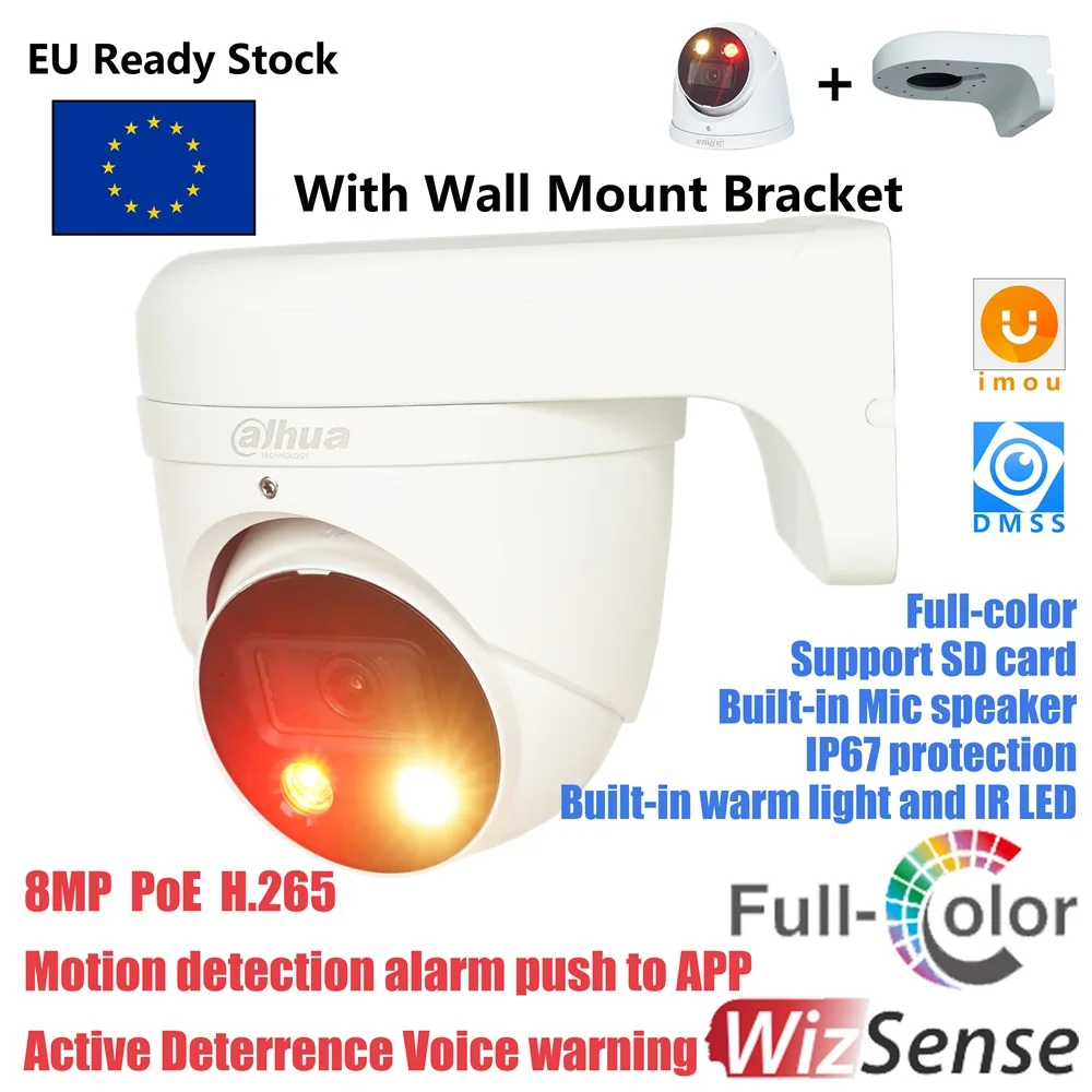 Dahua 8MP Smart Dual Light Active Deterrence Fixed-focal Eyeball WizSense Network Camera HDW3849H-AS-PV S4 built-in Mic speaker