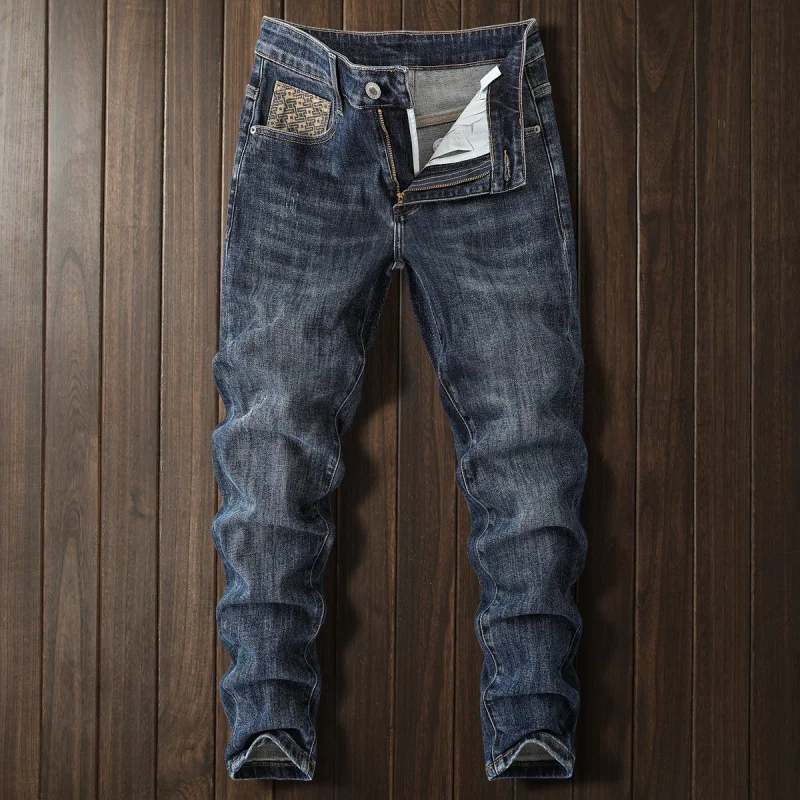 Light Luxury Trendy Jeans Men High-End2025High-end Fashion Embroidered Printed Slim Straight Vintage Long Pants