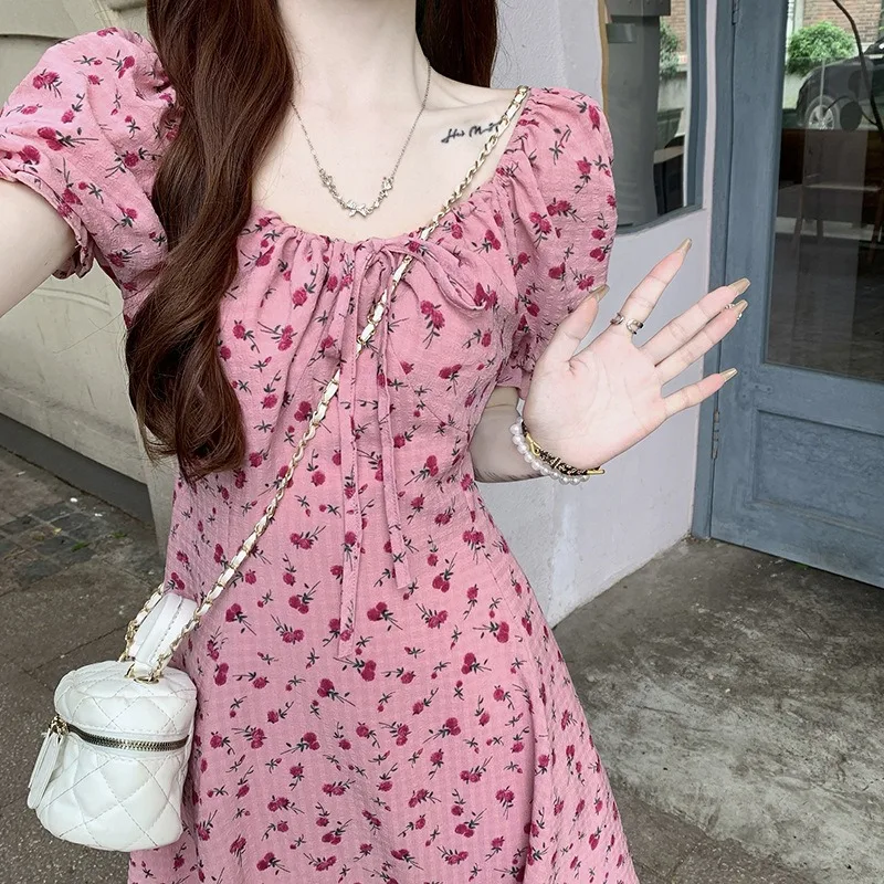 Summer One Shoulder Floral Dress Puff Sleeve Square Neckline Slim Skirts Sweet Gentle Temperament Ruffle Edge Girl Short Skirt