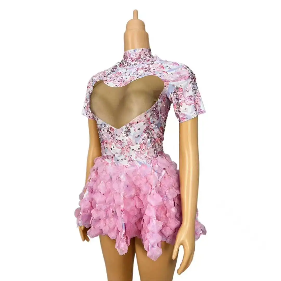 Marke entworfen rosa Blume Strass kurzes Kleid Geburtstag feiern niedlichen Trikot Kostüm Sänger Show Outfit 2024 Huayu