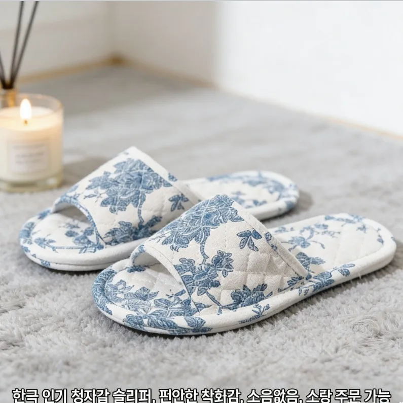 South Korea's popular blue and white porcelain fabric slippers silent four-season home shoes can be machine washed