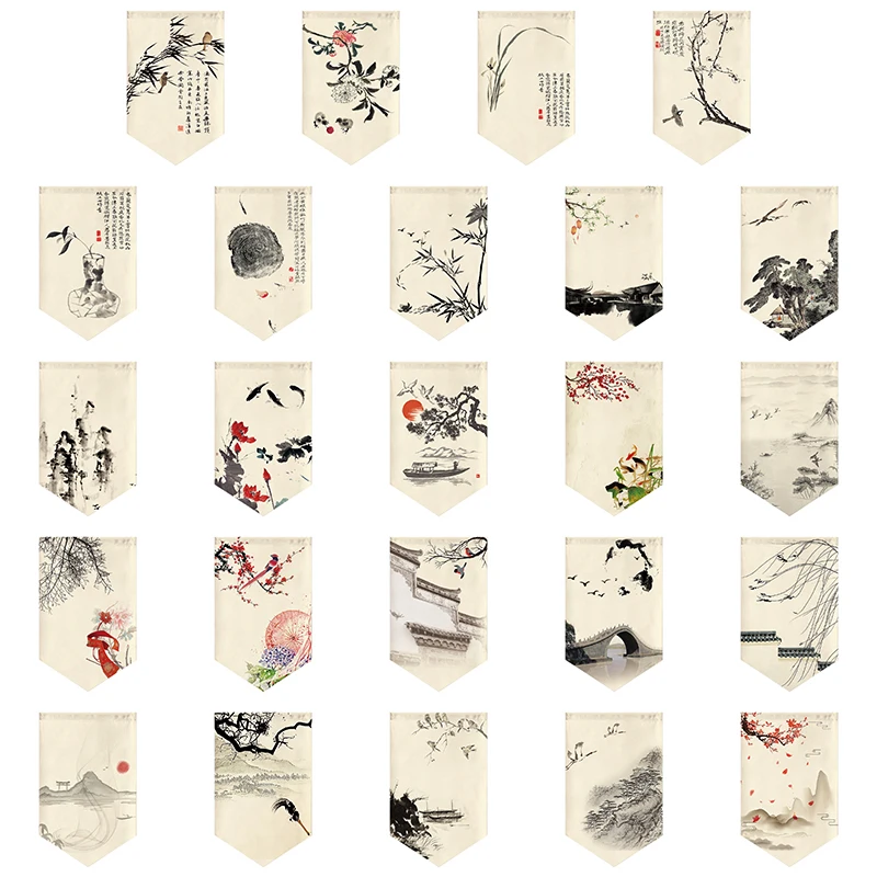 Chinese Style Ink Landscape Scenery Hanging Half Curtain  Kitchen Noren Doorway Partition Triangle Flag Restaurant Coffee Drapes