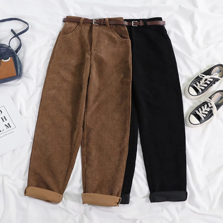 

Women Corduroy Pants Spring High Waist Solid Casual Wide Leg Pants Female Loose Koreant Streetwear All Match Straight Trousers