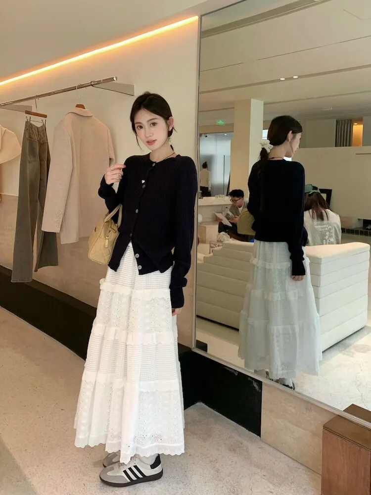 

Белая кружевная юбка-миди трапециевидной формы, женская весенне-осенняя новая утягивающая юбка с высокой талией для груши, юбка длиной до тела