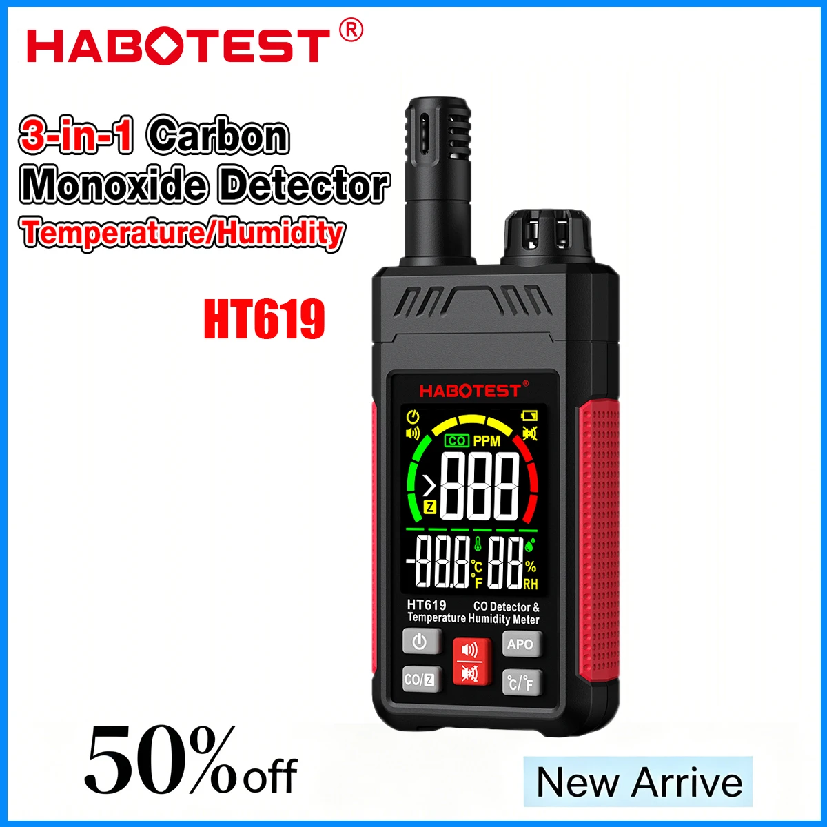 2026 HABOTEST HT619 3-in-1 Carbon Monoxide Detector Temperature & Humidity Detection High-Precision Fast Detection Sound Alarm